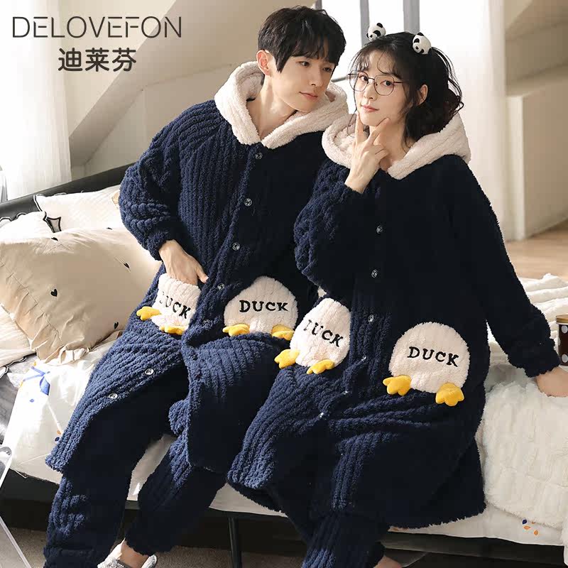 [北极绒提花]情侣冬季珊瑚绒加绒 迪莱芬睡衣/家居服套装
