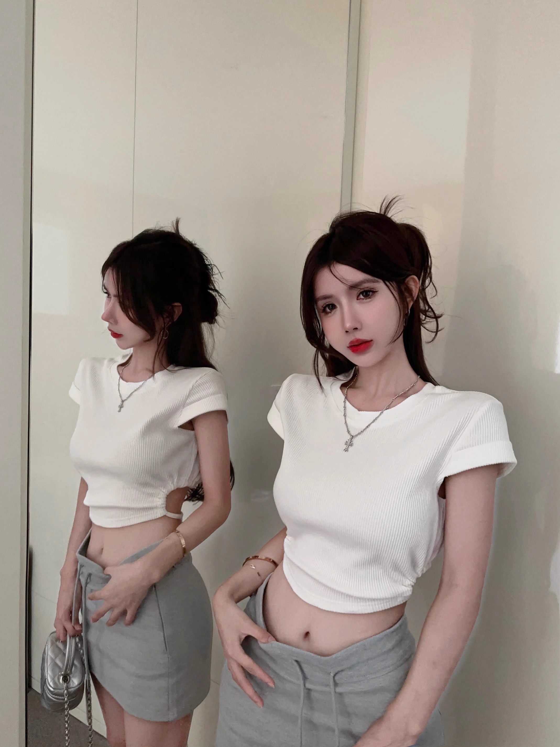 纯欲上镜甜辣妹性感露背短款修身上衣女露腰抽绳绑带正肩短袖t恤,淘宝优惠券,粉丝福利购,淘宝优惠卷