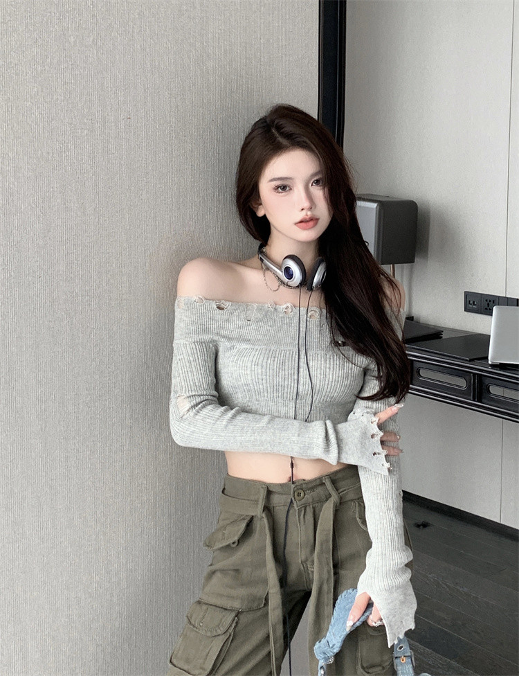 针织衫女一字肩纯欲风破洞露肩短款上衣早秋小心机紧身长袖打底衫,淘宝优惠券,粉丝福利购,淘宝优惠卷