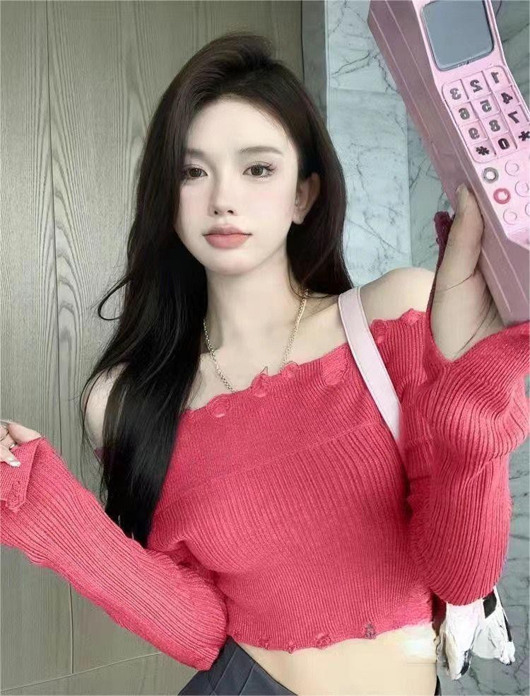 针织衫女一字肩纯欲风破洞露肩短款上衣早秋小心机紧身长袖打底衫,淘宝优惠券,粉丝福利购,淘宝优惠卷