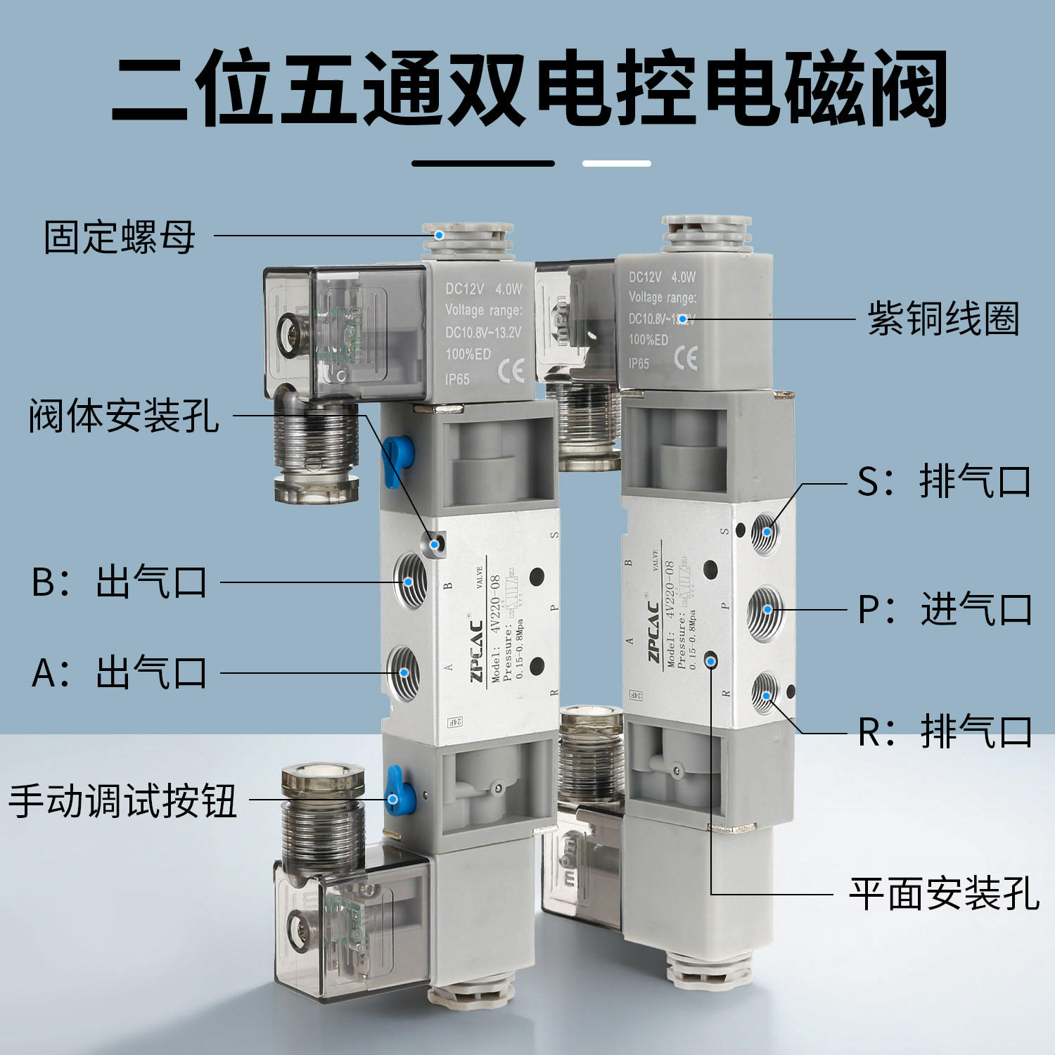 二位五通双线圈电磁阀4V120/4V220/4V320/4V420-06/08/10/15DC24V,淘宝优惠券,粉丝福利购,淘宝优惠卷