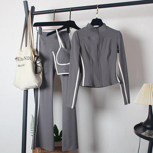 瑜伽服运动套装女秋冬款高腰喇叭裤显瘦舞蹈晨跑步紧身拉链三件套 - 图0