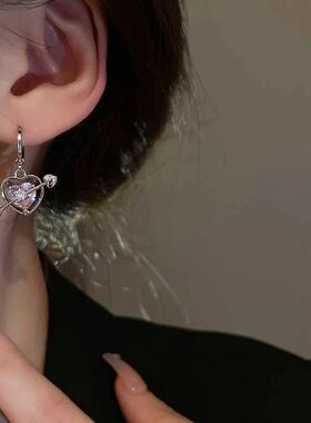 KoreaGoth Aesthetic Pink Crystal Peach Heart Bow Earrings Fo