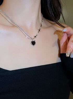 Kpop Black Heart Pendant Necklace Punk Shiny Rhinestone Star