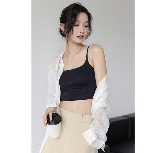 美背吊带内搭女夏季薄款内衣带胸垫背心文胸一体白色打底外穿上衣 - 图1