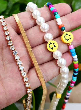 2PC Bohemia Multilayer Smiley Pearl Rainbow Beaded Choker Ne