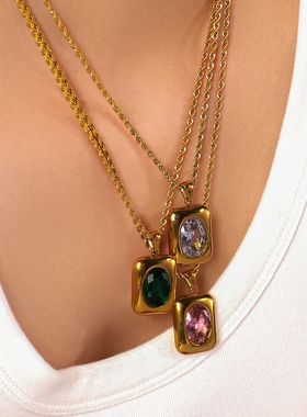 Fashion Gold Color Round Zircon Square Pendant Necklaces Sta