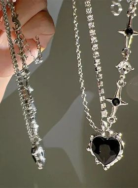 Y2K Purple Crystal Heart Pendant Necklace Women Sweet Cool G
