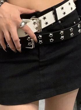 Y2K Punk Rivet Leather Belts  Star PU Black White Waist Stra
