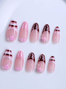 24pcs Spring Day Sweet False Nails Cute Pink Flower Star Pea