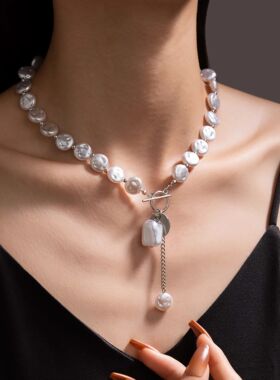 New Simple Metal Imitation Pearl Beaded Pendant Necklace Moo