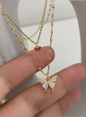 LATS New Shiny Butterfly Necklace Ladies Exquisite Double La