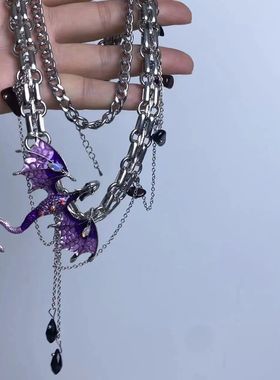 Goth Purple Flying Dragon Choker Necklace For Women Crystal