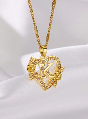Heart Initial Letter Necklaces For Women Gold Color Stainles