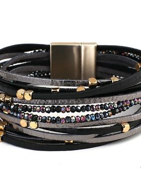 Champagne Genuine Leather Bracelets for Women Boho Multilaye