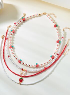 Boho Summer Sweet Strawberry Beaded Necklace for Women Girls