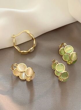 2025  Design Sense White and Green Opals Round Hoop Earrings