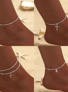 Sparkling Thin Chain Anklet Bracelet for Women Zircon Cross