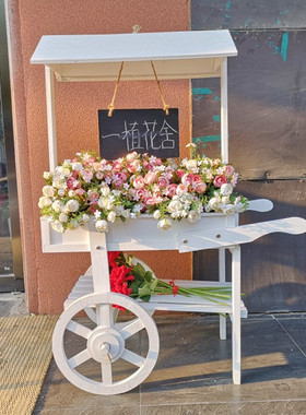 覆古田园花架实木黑板小推车摆件阳台花店落地置物架家居店铺装饰