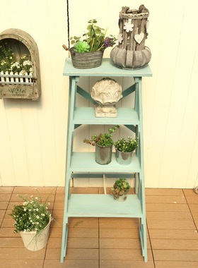 实木多肉植物楼梯台阶花架做旧