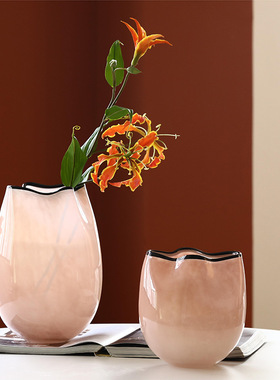 SoftHome渐变粉不规则褶子花创意磁粉玻璃鲜花餐桌装饰摆件花瓶