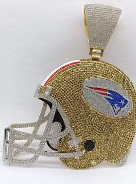 镶钻橄榄球帽吊坠古巴链项链 欧美嘻哈风夸张项坠朋克锁骨链颈链