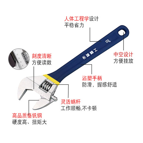 长城精工活动扳手6寸8寸12寸15寸18寸蓝麻包塑防滑大开口活络扳手 - 图2