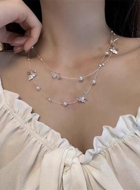 双层珍珠蝴蝶锁骨链女ins简约冷淡风通勤百搭配饰配裙子超仙项链