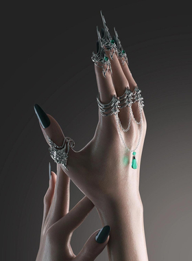 酸性|穿戴甲手饰套装设计暗黑系镶嵌蓝色锆石指尖美甲开口款护甲