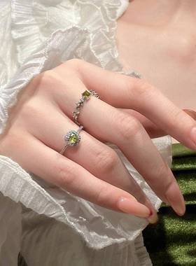 法式宫廷风高级感橄榄绿锆石戒指女气质轻奢复古优雅百搭开口戒指