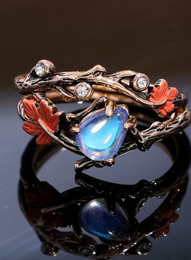 跨境新款复古金枝枫叶戒指高级纪恋日送礼物指环戒指女小众设计