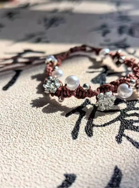 新中式三生三世莲花手绳女手工编织珍珠莲花朵蝴蝶流苏手链国风潮