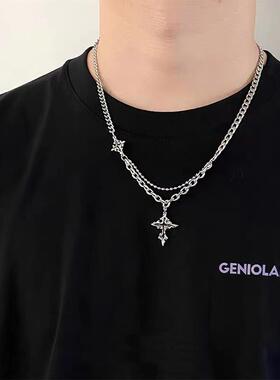 潮牌百搭男款嘻哈小众高级感链子配饰钛钢融化十字架吊坠男士项链