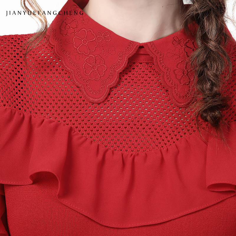 本命年2022春装红色女针织衫衬衫 简约方程女装蕾丝衫/雪纺衫