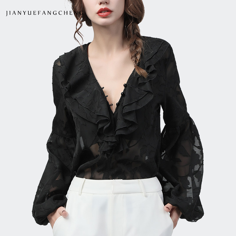 欧洲站长袖荷叶边雪纺衫v领秋衬衫 简约方程女装蕾丝衫/雪纺衫