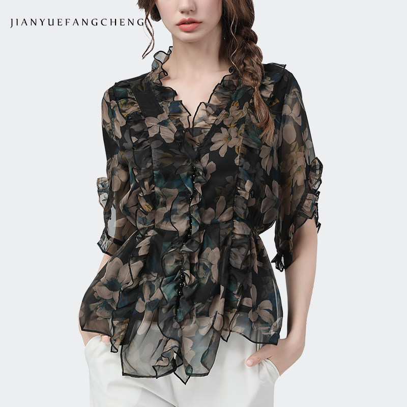 欧洲站遮肚子显瘦碎花小衫女雪纺衫 简约方程女装蕾丝衫/雪纺衫