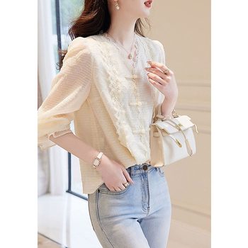 ເສື້ອຍືດແຂນຍາວ chiffon lace summer style ແຫ່ງຊາດ casual ວ່າງ lace v-neck plate button mulberry silk shirt top