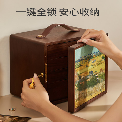 木质手提油画首饰盒精致带锁项链耳钉耳环大容量黄金手饰品收纳盒 - 图2