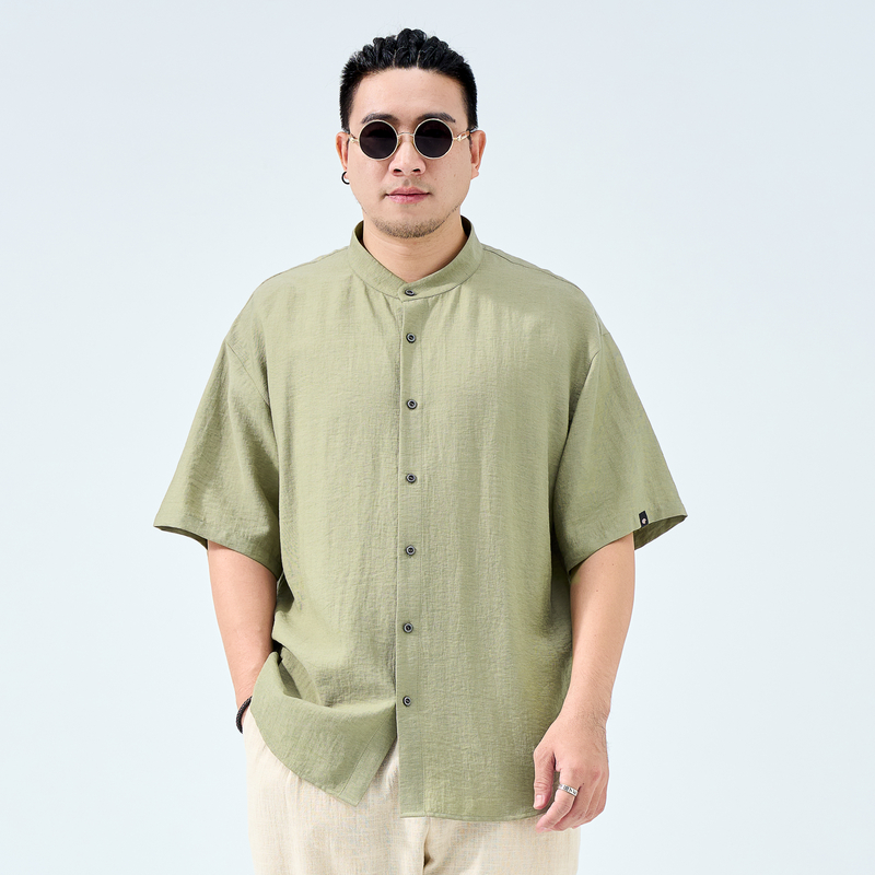 半墨大码男装新中式立领衬衫男士2025夏季新款五分袖衬衣加肥加大