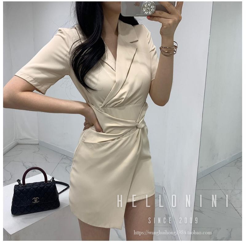 现货韩国东大门夏季女2025新款韩范拧褶纯欲拼接修身短袖连衣裙bo - 图0