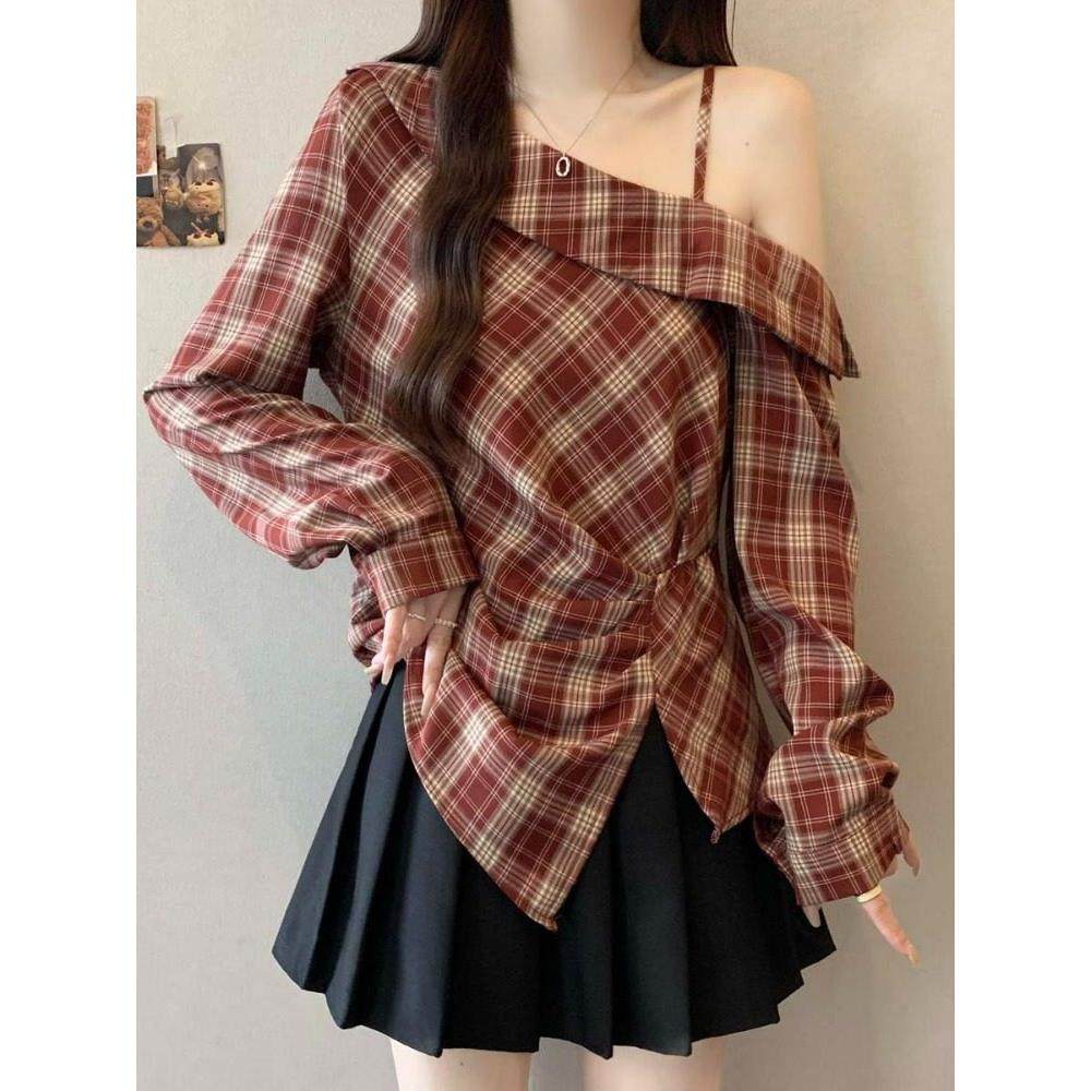 大码设计感红色格子露肩长袖衬衫女早秋薄款穿搭胖mm显瘦收腰上衣,淘宝优惠券,粉丝福利购,淘宝优惠卷