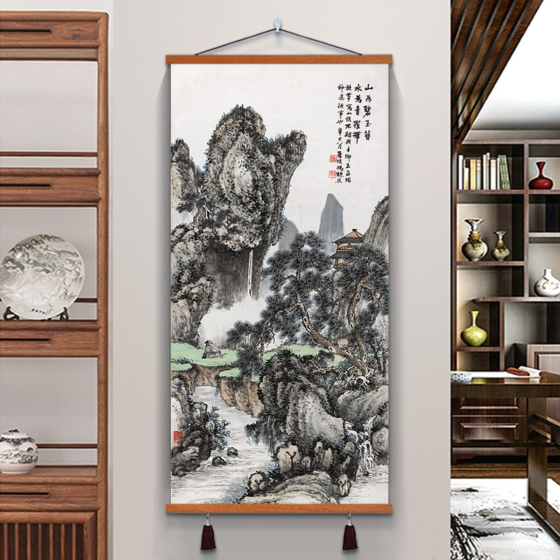 入户门玄关挂画纳福迎祥山水画古风国画竖版新中式客厅背景装饰画_虎窝淘