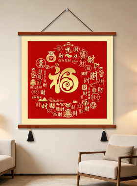 福字挂画新中式入户玄关百福图装饰画客厅方形寓意走廊过道墙壁画