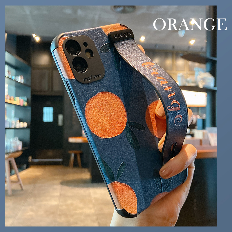 ins皮纹小清新橘子iPhone13手机壳苹果12promax腕带11手机壳xsmax女xr四角防摔7硅胶软壳8plus保护套se2