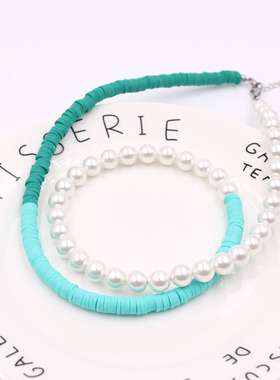 白百何同款彩色软陶珍珠项链长款