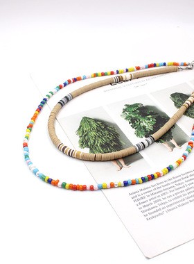 彩色米珠软陶串珠项链叠戴长款