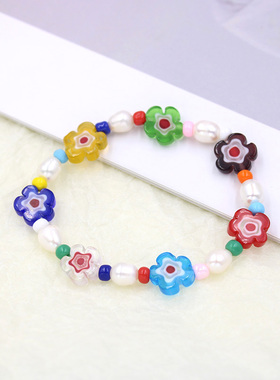 赵露思彩色琉璃小花珍珠串珠手链