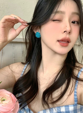 26度晚风蓝色串珠耳钉女小清新氛围感显白简约百搭耳饰度假风耳环