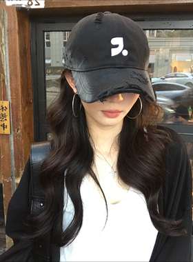 猫女的心事美式复古做旧破洞棒球帽子女显脸小加大加深大帽檐