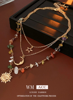 太阳月亮星星彩色项链套装小众设计感锁骨链清新甜美时尚百搭项饰